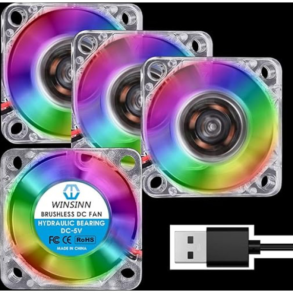 WINSINN 30 mm RGB USB ventilators 5 V, LED krāsains 3D printera mikro 5 V ventilators 3010 ar hidraulisko gultni, bez sukas dzesēšanas 30 mm x 10 mm 2PIN (4 gabali)