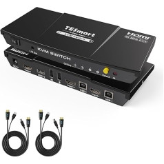 TESmart 2 portu HDMI KVM slēdzis 4K@60Hz RGB 4:4:4, EDID atbalsts, USB 2.0 ierīce, audio izeja, multimediju izeja, spēļu tastatūra un pele, HDMI KVM slēdzis 2 datoriem, kuriem ir 1 koplietošanas vieta