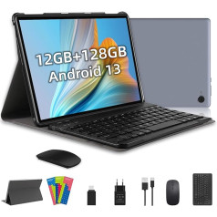 Andriod 13 planšetdators 10 collu, 12 GB RAM + 128 GB ROM (TF 1TB), Octa Core, planšetdators ar dubulto kameru HD/IPS, 6000 mAh, WiFi planšetdators ar BT 5.0 / Type-C/OTG, spēļu planšetdators ar tastatūru un peli (pelēks)