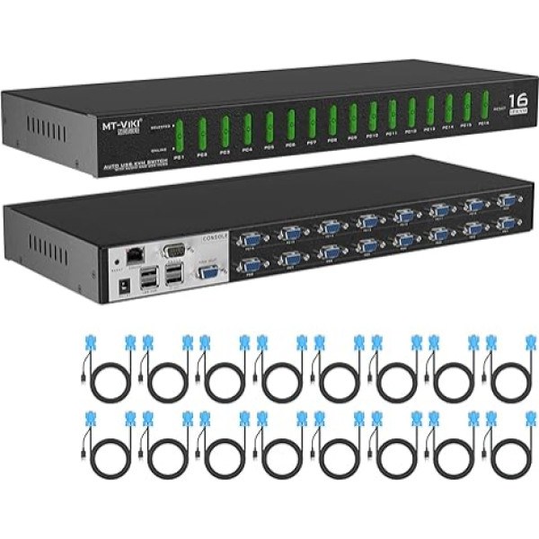 MT-VIKI 4K60HZ IP KVM slēdzis attālinātais VGA 16 pieslēgvietu 1U Rackmount KVM VGA slēdzis pāri IP 16 pieslēgvietu attālinātais USB VGA KVM slēdzis IR tālvadības pults darbvirsmas selektors ar 16 kabeļu iepakojumu OSD