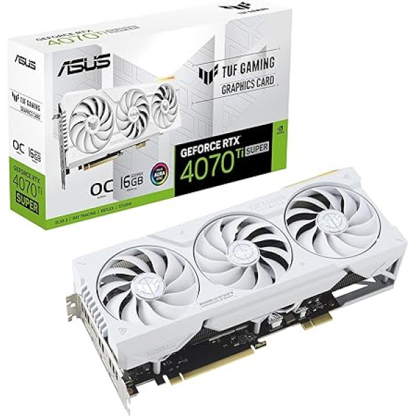 ASUS TUF Gaming GeForce RTX 4070 Ti SUPER BTF White OC Edition 16GB GDDR6X (NVIDIA DLSS 3, (GC-HPWR) Gold Finger, PCIe 4.0, 2x HDMI 2.1a, 3x DisplayPort 1.4a, TUF-RTX4070TIS-O16G-BTF-WHITE, balta)