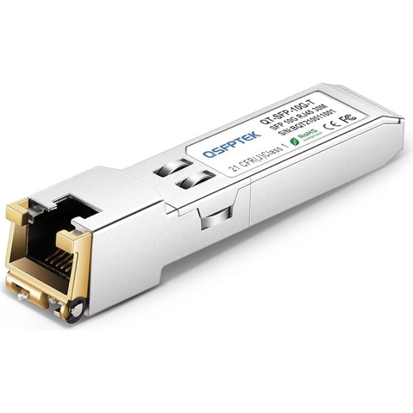 QSFPTEK 10GBASE-T RJ45 SFP+ vara 10G-T RJ45 moduļa tranzītvienība līdz 30 m, Cat6a/7 optiskās šķiedras 10GB SFP+ modulis ar RJ45 mini GBIC, saderīgs ar Intel E10GSFPT komutatoru