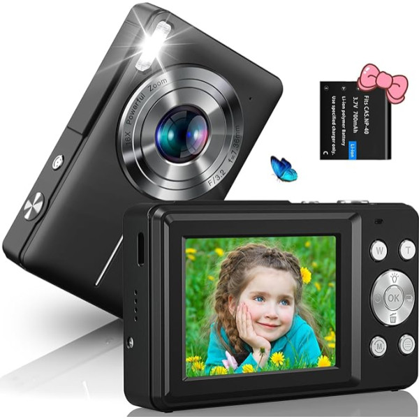 Digitālā kamera 1080P FHD kamera 44MP fotokamera Kompaktā kamera ar 16X digitālo tālummaiņu LED aizpildīšanas gaisma Attēla stabilizācija Mini selfiju kamera Pārnēsājamā digitālā kamera bērniem pusaudžiem iesācējiem