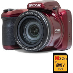 KODAK Pixpro Astro Zoom AZ405 Digitālais tilts + SDHC karte KODAK Ultra High Speed U1 32GB - 20MP X40 Zoom platleņķa LCD video Full HD 1080p OIS AA akumulators - Sarkans