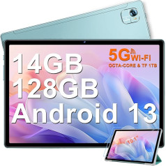 FACETEL Android 13 planšetdators 10 collu ar 5G WiFi Octa-Core 2,0 GHz procesoru Ultraskaņas planšetdators ar 14 (6+8) GB RAM + 128GB ROM TF 1TB 8000mAh FHD 5MP + 8MP planšetdators ar futrālīti, zaļš