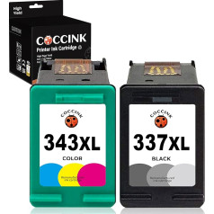 COCCINK 337XL 343XL (1 melna, 1 krāsaina) atjaunotas printeru kasetnes HP 337 343 XL priekš Photosmart 2500 2570 2573 2575 C4110 C4180 8049 DeskJet D4160 5940 Officejet 6300 Printeris