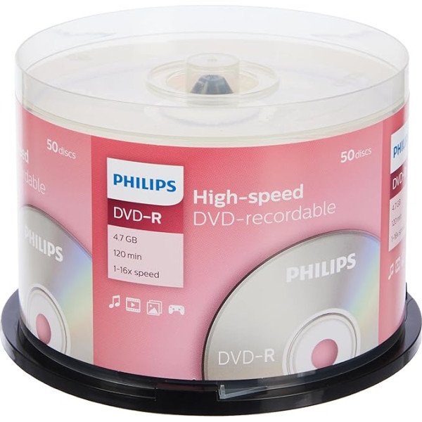 Philips DVD-R mulinstrumenti (4,7 GB datu/ 120 minūšu video, 16x High Speed Aufnahme, 50er Spindel)