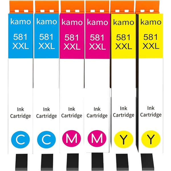 kamo 581 XXL spausdintuvo kasetės suderinamos su Canon CLI-581XXL kasetėmis (2 x žydra, 2 x geltona, 2 x purpurinė), skirtomis Pixma TS705 TS6350 TR8550 TS6150 TS6351 TR7550 TS6250 TS6151 TS6250 TS6251 TS6250 TS6251