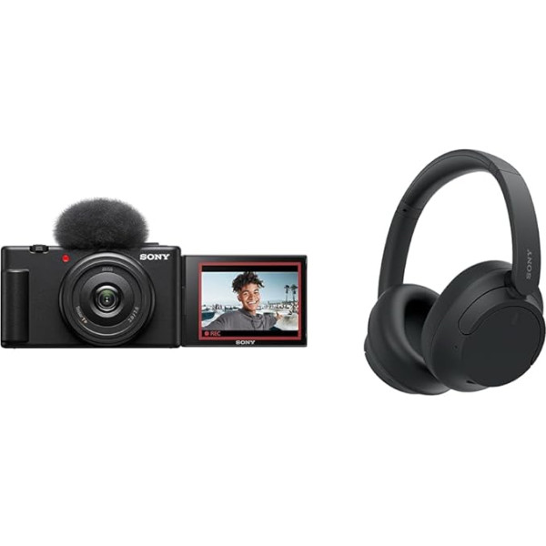 Sony Vlog kamera ZV-1F Digitālā kamera ar salokāmu un rotējošu displeju & WH-CH720N Bezvadu Bluetooth austiņas ar trokšņu slāpēšanu - līdz 35 stundām ilgs akumulatora darbības laiks un ātrās uzlādes funkcija - melnas krāsas