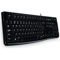 Logitech K120 vadu tastatūra operētājsistēmai Windows, USB ports, Silent Touch, izturīga, noturīga pret šļakatām, regulējams tastatūras statīvs, grieķu izkārtojums - melna