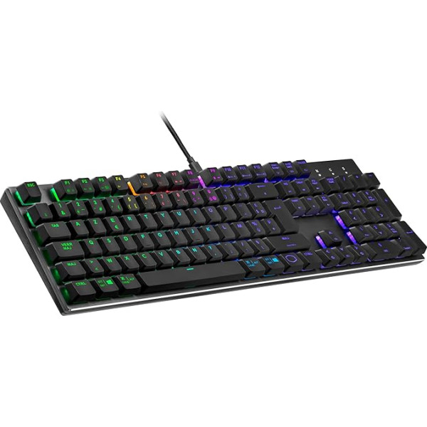 Cooler Master SK652 mehāniskā tastatūra (pilna izmēra) - ar plakaniem, peldošiem taustiņiem, RGB apgaismojumu, vadu USB-A tipa pieslēgvietu, saderīga ar PC un MacOS - FR izkārtojums, sarkani slēdži