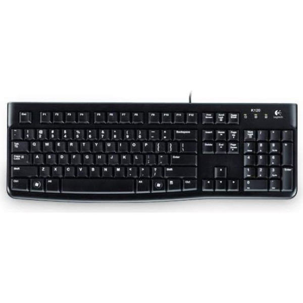 Logitech K120 vadu tastatūra operētājsistēmai Windows, USB ports, Silent Touch, izturīga, noturīga pret šļakatām, regulējams tastatūras statīvs, Magyar QWERTY izkārtojums - melna