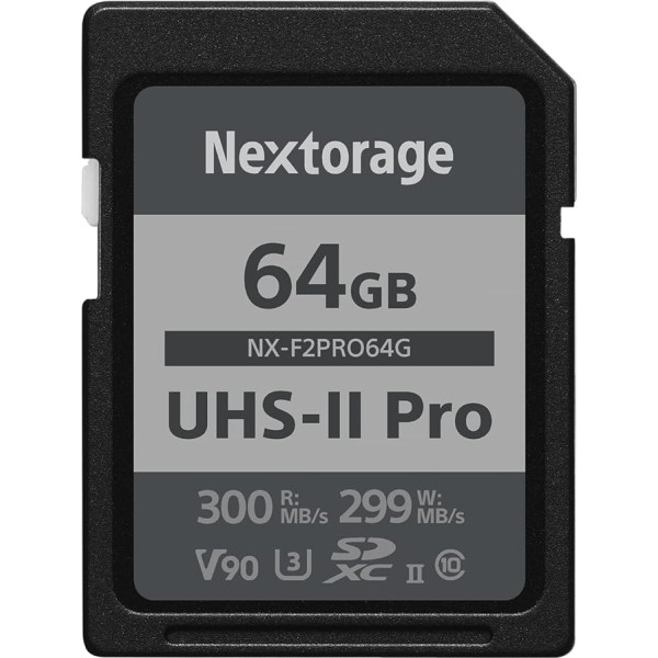 Nextorage Ultra Fast V90 UHS-II SD karte PRO 64GB Maksimālais ieraksta ātrums 299MB/s Lasīšanas ātrums 300MB/s (SDXC UHS2 atmiņas karte NX-F2PRO)