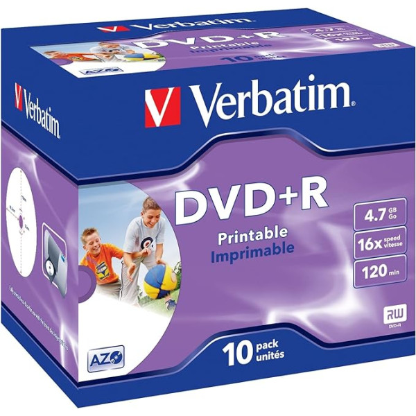 Verbatim DVD+R Wide Inkjet Printable 4.7GB, 10er Jewel Case, DVD rohlings, 16-fache Brenngeschwindigkeit & Hardcoat Scratch Guard, DVD-R printable, DVD leer, Rohlinge DVD