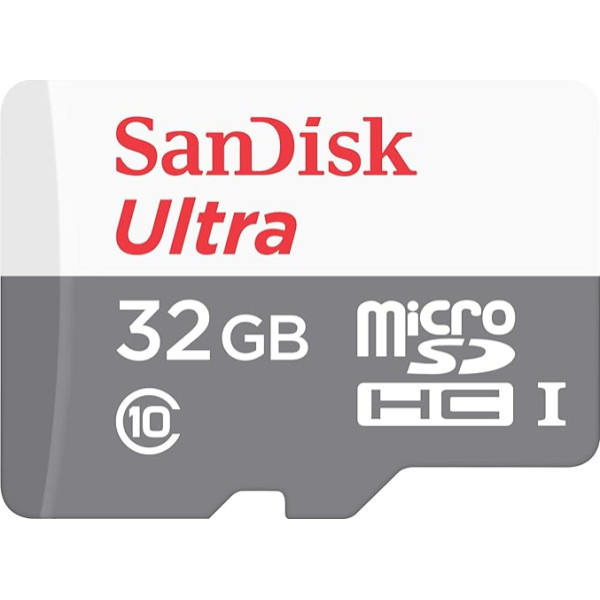 SanDisk Ultra 32GB Android microSDHC zibatmiņas karte līdz 80 MB/sek, 10. klase, pelēka, balta, 1 iepakojums, SDSQUNS-032G-GN3MN