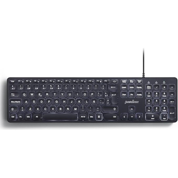 Perixx PERIBOARD-331 pilna izmēra USB tastatūra ar apgaismojumu un kabeli - X tipa šķērveida taustiņi - Balts apgaismojums - Melns - Spāņu QWERTY