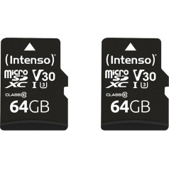 Intenso Professional microSDXC 64GB 10. klases UHS-I, U3, V30 atmiņas karte ar SD adapteri (līdz 100 MB/s), melna (2 gabali)