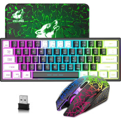 60% Kompakts mini spēļu bezvadu spēļu tastatūras un peles komplekts - melns un balts 2 in 1 USB uztvērējs - C tipa uzlādējama apgaismota tastatūra - ergonomiska, elpojoša, viegla pele PC Mac klēpjdatoram