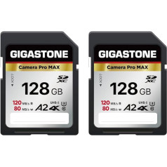 Gigastone A2 V60 128GB SDXC atmiņas karte 2 iepakojumā 4K Pro Speed 120MB/s, kas saderīga ar Canon Nikon Sony Panasonic U3 UHS-I Class 10 4K UHD video ar 2 mini vāciņiem