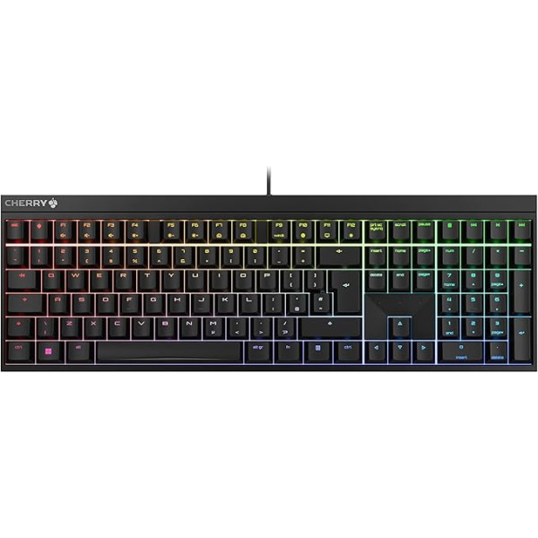 CHERRY MX 2.0S vadu spēļu tastatūra ar RGB apgaismojumu, UK izkārtojums (QWERTY), izstrādāta Vācijā, oriģināli MX brūnie slēdži, melna krāsa