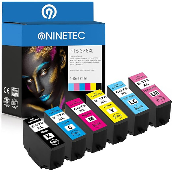 NINETEC NT6-378XL 6 x kasetnes, kas saderīgas ar Epson T3791-T3796 378XL | Expression Photo XP-15000 XP-8000 XP-8005 XP-8500 XP-8505 XP-8600 XP-86 | Melna 28 ml Krāsa 13 ml XL saturs