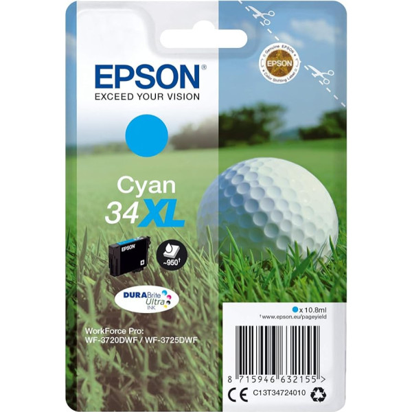 Epson oriģinālā 34 tintes golfa bumbiņa, WF-3720DWF, WF-3725DWF, ciāns xl