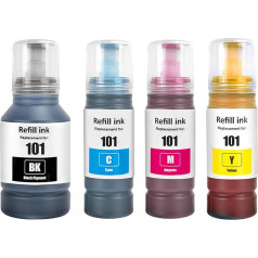 SHUOLEI 101 tinte, kas saderīga ar Epson 101 C13T03V14A C13T03V24A C13T03V34A C13T03V34A C13T03V44A tintes kasetnēm, kas paredzētas L4150 L4160 L6160 L6160 L6170 L6190 (4 iepakojumi, melna cūka), ciāns, ciāns, ciāngenta/dzeltena krāsviela)