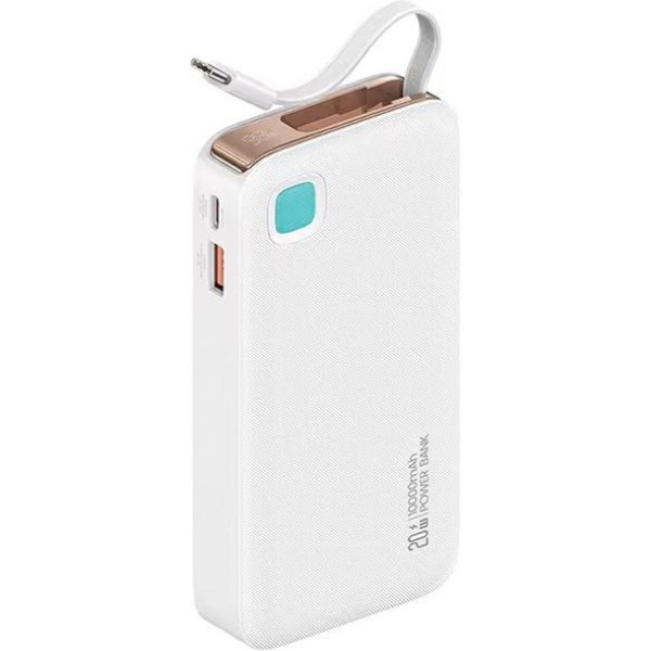 Powerbank 10000mah 20w ievelkams usb-c ātrās uzlādes kabelis balts