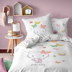 CTI Hello Kitty Butterfly gultas veļa bērniem, 140 x 200 cm, 100% kokvilna, Oeko-Tex, segas pārvalks meitenēm, 1 spilvendrāna 63 x 63 cm, apdrukāta, grozāma, balta