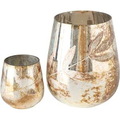 Boltze Lofej Glass Lanterns, Set of 2 (Height 8 cm/15 cm, Inner Diameter 5.5 cm/9.3 cm), Hand-Painted Glass with Floral Design and Copper Gold Shimmer, Decoration for Table and Windowsill