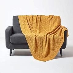 „Homescapes“ megzta lovatiesė su kabeliu, minkšta antklodė, garstyčių geltona, 100 % medvilnė, megzta antklodė 150 x 200 cm, idealiai tinka kaip jauki antklodė, sofos užtiesalas, lovatiesė