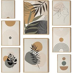HappyArts® Premium plakātu komplekts ar 8 attēliem Dzīvojamās istabas noformējums Guļamistabas Abstract Boho Botany Collage Augi Joga B (bez rāmja)