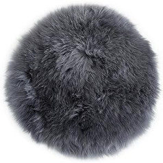 -LUXOR- living Real Fur Cushion, Fluffy Seat Cushion, Lambskin Seat Cushion, Leather Back, Fur for Chairs, Round, 34 cm, Colour: Grey, Quantity: 1 Cushion