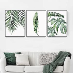 Augstākās kvalitātes plakātu komplekts Skandināvu stila tropu augu plakāts Zaļās lapas Attēls Mūsdienīgi sienas attēli uz audekla dzīvojamās istabas guļamistabas dekorēšanai, bez rāmja (50 x 70 cm)