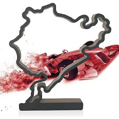 Racetrackart koka skulptūru mājas dekorēšana - Nirburgringas sacīkšu trases dekoratīvā figūra ar pamatni 23 cm, koka dāvana, Formula 1 dekorācija motosporta faniem, melna