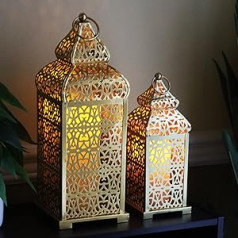 VELA LANTERNS liela zelta tempļa Marokas laternu lampu dekoratīvie sveču turētāji Ramadāna dekorācijām, piekārtiem, āra iekšpagalmiem vai lievenim, mājas dekorēšanai, zelts, 2 iepakojumā