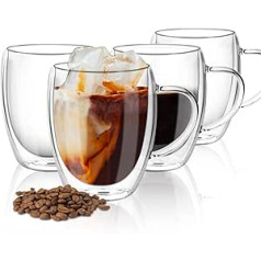 4 Pack Double Wall Glass Coffee Cups, Insulated Latte Glasses, Mugs, Tea Cups with Handles, Heat Resistant Cappuccino Espresso Cup (Clear, 4 x 350ml)