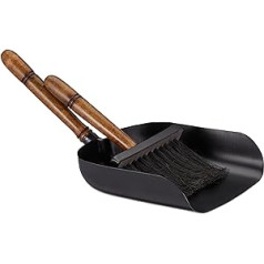 Relaxdays Fireplace Dustpan & Brush Set, Iron and Wooden Handle, Jute Bristles, Fireplace Set, Black/Brown, 1 Piece