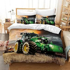 PQCXXA 3D Tractor gultas veļas komplekts, 135 x 200 cm, 3-daļīgi zaļi traktori, mikrošķiedras gultas veļa bērniem, zēniem, bērnu segas pārvalks ar rāvējslēdzēju un 2 spilvendrānas 80 x 80 cm