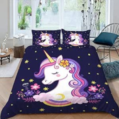 MOUPL 100% mikrošķiedras gultas veļas komplekti 135 x 200 cm 2-daļīgs 3D motīvs Kawaii Cartoon Unicorn bērnu gultas veļa ar rāvējslēdzēju Mīksts silts vasaras segas pārvalks ar spilvendrānu 80 x 80 cm zēniem, meitenēm