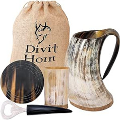 Divit Authentic Viking Horn | Arhaiskā alus krūze | Karaliskā nojauta; Dzēriens no īsta vērša raga krūzes (dabisks krūzes komplekts, 650-700 ml)