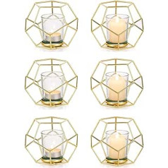 Inweder Tea Light Holder Gold Candle Holder Pillar Candles: Pack of 6 Metal Lantern with Tea Light Glasses Geometric Candle Holder for Pillar Candles Decoration Living Room Modern Dining Table Wedding