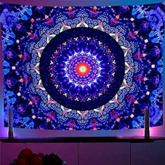 OSVINO Black Light Trippy Mandala gobelēns, 180 x 230 cm, UV-reaktīvais fantāzijas gobelēns, estētisks sienas dekors viesistabai, guļamistabai, Boho sienas piekares