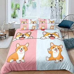 feelingyou Bērnu multfilmas suņu gultas veļas komplekts Smiling Puppy Corgi Daily Pet gultas komplekts 155 x 220 cm Rozā zils apakšējais gultas komplekts bērniem Zēniem Meitenēm Pusaudžiem 2 gabali Rāvējslēdzējs Mikrošķiedra