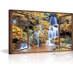 TISHIRON 3D Open Wooden Window Wall Art Canvas Waterfall View Print Painting Framed Home Decor Painting Hanging on Walls for Living Room Bathroom Ready to Hang 16 x 24 Inches