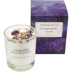 Lucciole -Lavanda, augstākās kvalitātes aromātiskā svece, roku darbs ar kristāliem un kaltētiem ziediem, degšanas laiks 40 stundas, 200 g dabīgais sojas vasks, aromterapija, dāvanu svece vīriešiem un sievietēm