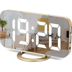 Sukeen Mirror digitālais modinātājs, LED pulkstenis ar lielu displeju, baltiem lieliem cipariem, 3 spilgtuma līmeņi, divas USB pieslēgvietas, snaudas signāls, 12/24 h, moderns galda pulkstenis viesistabai, guļamistabai, zelta krāsā