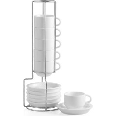 Sweejar Home Porcelāna espresso tasītes un krūzes ar metāla statīvu 70ml Latte kafijai kafijai kafejnīcai Mocha tējai 6 krūzītes baltas krāsas