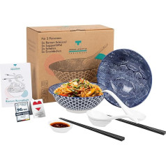 Urban Trading, Ramen pusdienu komplekts 2 personām, porcelāns, 20 cm, ietilpība 0,8-1 L, zupas bļoda, salātu bļoda, Ramen nūdeles, graudaugu bļoda, Pho zupas bļoda (Seigaiha)