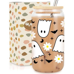 GSPY Cute Ghost Cups, Halloween stikla kausi ar vāciņiem un salmiņiem, Scary Bat Daisy Iced Coffee Cup, rudens kafijas krūze - Boo Basket Stuffers, Halloween dāvanas